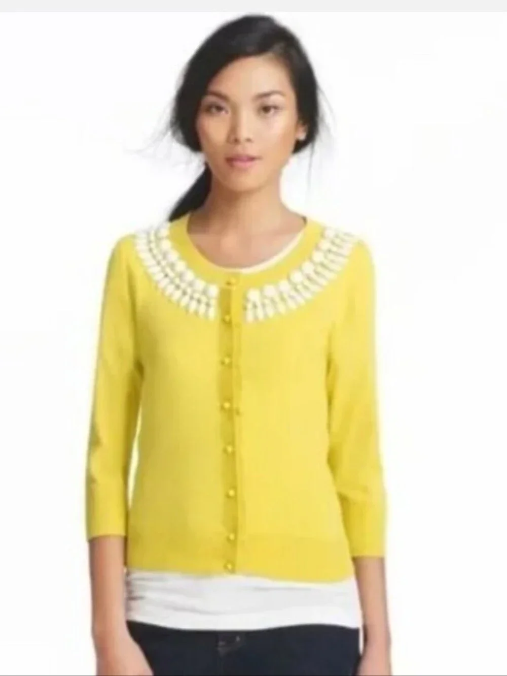Kate Spade Kati Cardigan Scoop-Neck Yellow 100% Cotton Beading Size Medium